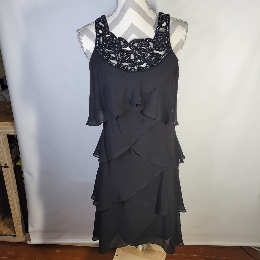 SLNY LBD Beaded Embellished Top Chiffon Tiers Zip Bac Size 8 #Holiday Party